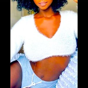 Sexy V Neck Crop Skinny White Thick Cotton Sweater